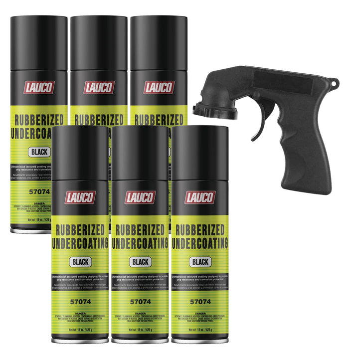 LAUCO Rubberized Undercoating Black 15oz Aerosol Spray Paint Can with Aerosol Spray Gun - Pack of 6 (57074)