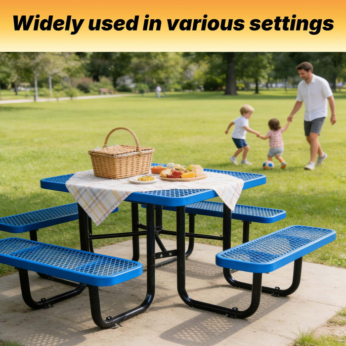 LAUCO Square Picnic Table, Expanded Metal, Blue Thermoplastic Coating, Attached Benches, 1-1/2” Umbrella Pole Hole, Outdoor-Rated, 1000 lb Capacity 36079