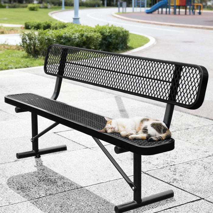 LAUCO Heavy Duty Steel Outdoor Picnic Bench, Black Powder Coated, 72-Inch, Perforated Metal Design with Backrest, 1000 lbs Capacity, Industrial Style
