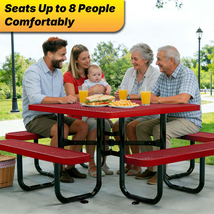 LAUCO Square Picnic Table, Expanded Metal, Red Thermoplastic Coating, Attached Benches, 1-1/2” Umbrella Pole Hole, Outdoor-Rated, 1000 lb Capacity 36078