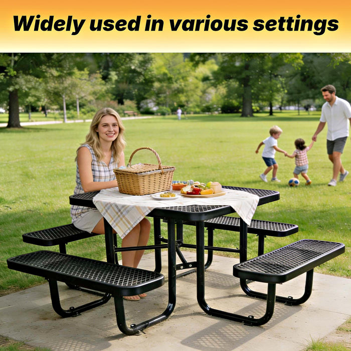 LAUCO Square Picnic Table, Expanded Metal, Black Thermoplastic Coating, Attached Benches, 1-1/2” Umbrella Pole Hole, Outdoor-Rated, 1000 lb Capacity (Black) 36036