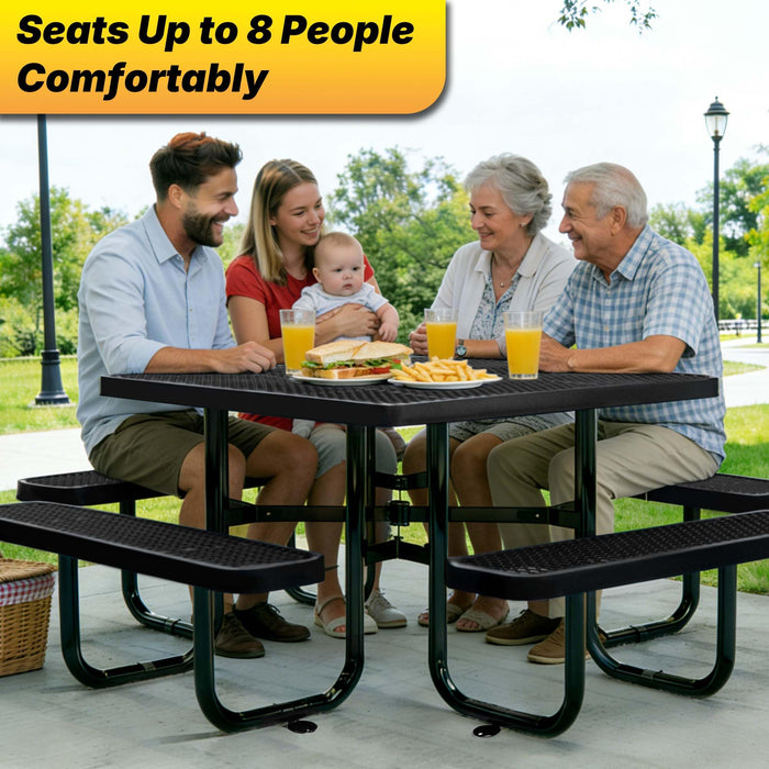LAUCO Square Picnic Table, Expanded Metal, Black Thermoplastic Coating, Attached Benches, 1-1/2” Umbrella Pole Hole, Outdoor-Rated, 1000 lb Capacity (Black) 36036