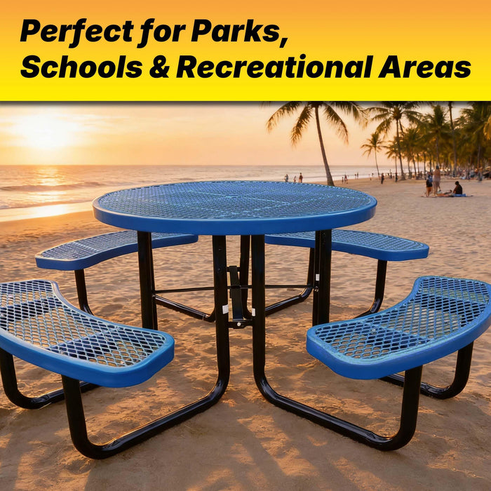 LAUCO 46-Inch Round Metal Picnic Table with Attached Benches, Blue Thermoplastic Coated, Expanded Metal Construction, 1000 lb Capacity, Outdoor Use 36058