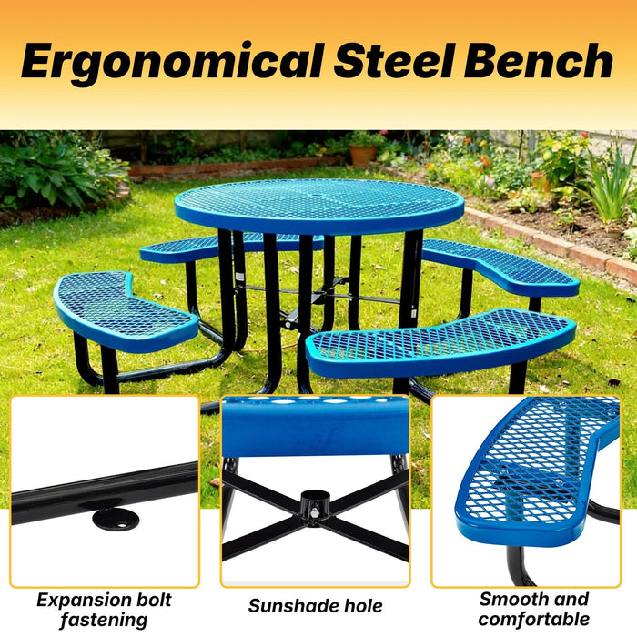 LAUCO 46-Inch Round Metal Picnic Table with Attached Benches, Blue Thermoplastic Coated, Expanded Metal Construction, 1000 lb Capacity, Outdoor Use 36058