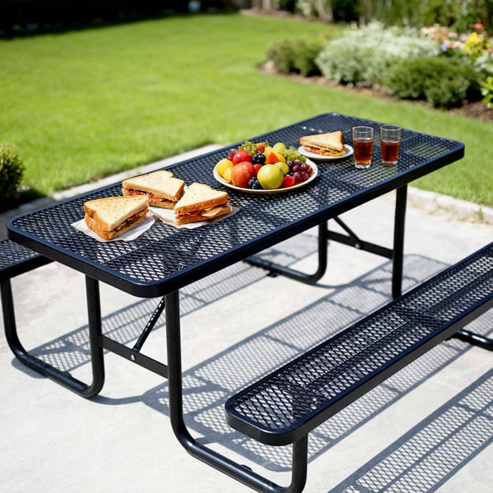 LAUCO Heavy Duty Rectangular Outdoor Picnic Table with Steel Frame, Thermoplastic Coating, Umbrella Hole, Built-in Benches, Seats 8, for Park, Patio, School (Black, 96 inch)