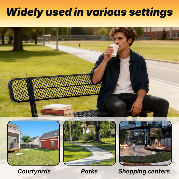 LAUCO Heavy Duty Steel Outdoor Picnic Bench, Black Powder Coated, 72-Inch, Perforated Metal Design with Backrest, 1000 lbs Capacity, Industrial Style