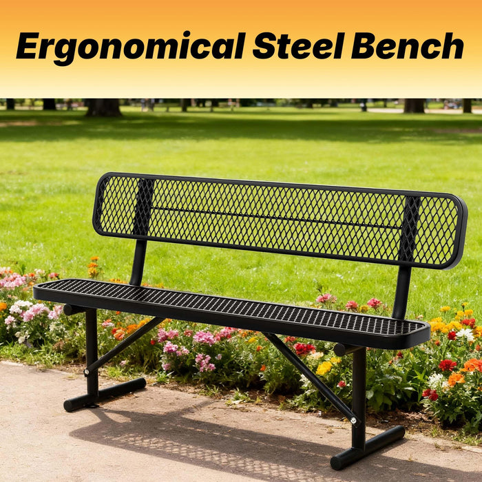 LAUCO Heavy Duty Steel Outdoor Picnic Bench, Black Powder Coated, 72-Inch, Perforated Metal Design with Backrest, 1000 lbs Capacity, Industrial Style