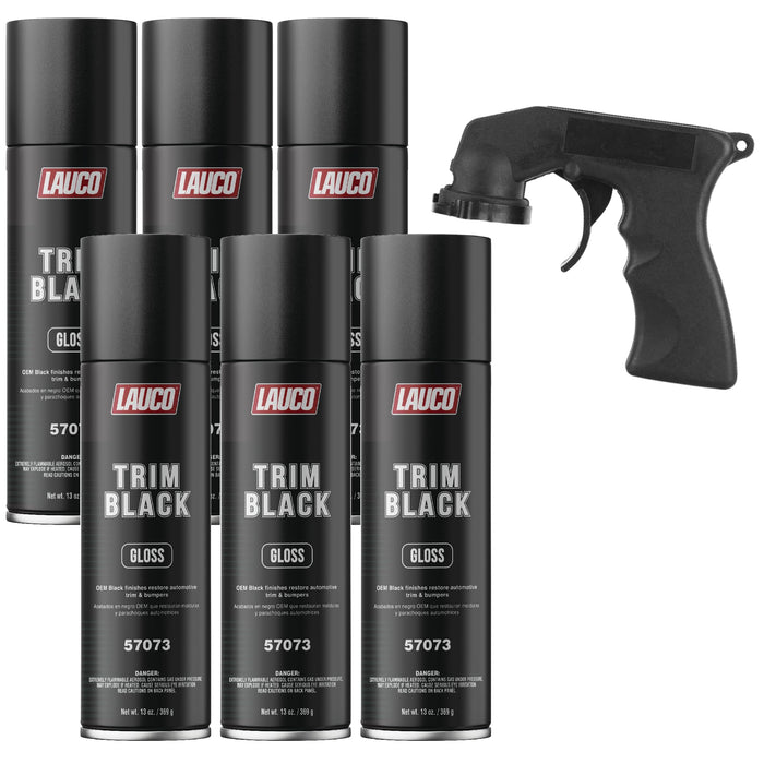 LAUCO Trim Black Gloss 13 oz. Automotive Spray Paint Can with Gun - Pack of 6 - Black Car Spray Paint with Gloss Finish - Designed for Plastic, Aluminum, Steel and Stainless Steel 57073