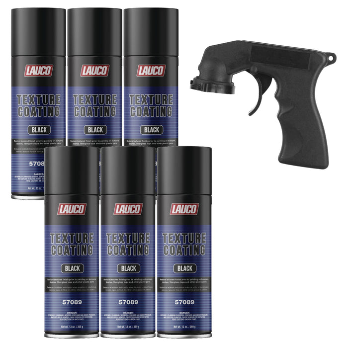 LAUCO Texture Coating Black 13oz Aerosol Spray Can with Aerosol Spray Gun - Pack of 6 - For Automotive and Industrial Use 57089