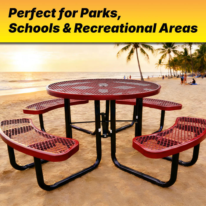 LAUCO 46-Inch Round Metal Picnic Table with Attached Benches, Red Thermoplastic Coated, Expanded Metal Construction, 1000 lb Capacity, Outdoor Use (Red) 36057