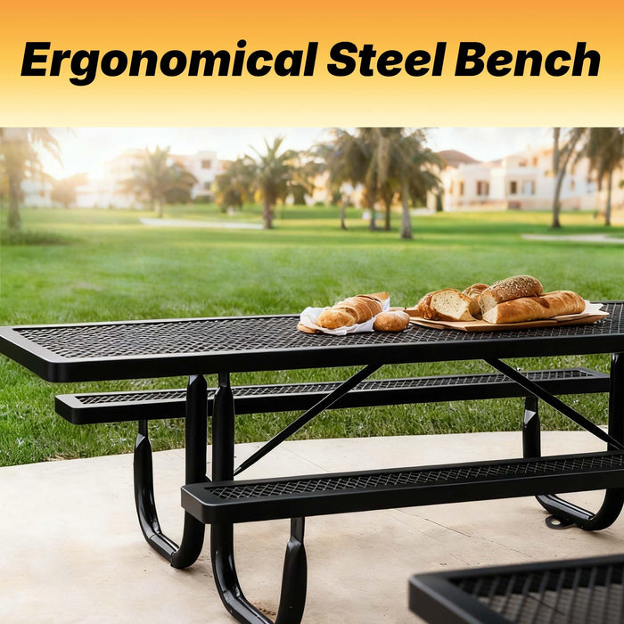 LAUCO Heavy Duty Rectangular Outdoor Picnic Table with Steel Frame, Thermoplastic Coating, Umbrella Hole, Built-in Benches, Seats 8, for Park, Patio, School (Black, 96 inch)