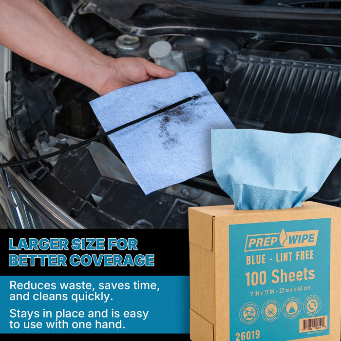 Prep Wipe Lint-Free Cleaning Towels | Heavy Duty, Solvent Resistant Wipes for Auto Body & Industrial Prep | 100 Pack, 9" x 17", Blue 26019