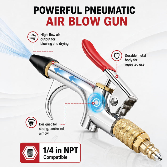 LAUCO Air Blow Gun Set Kit with 10 Interchangeable Nozzles, Blow Gun with Rubber and Safety Tip Nozzles, ¼ NPT Female and Male Quick Connectors, 10 Pieces Air Blow Gun Accessories Kit ATK6989
