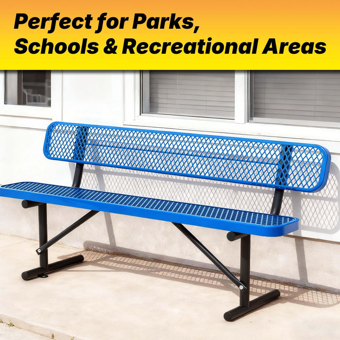 LAUCO Heavy Duty Steel Outdoor Picnic Bench, Blue Powder Coated, 72-Inch, Perforated Metal Design with Backrest, 1000 lbs Capacity, Industrial Style