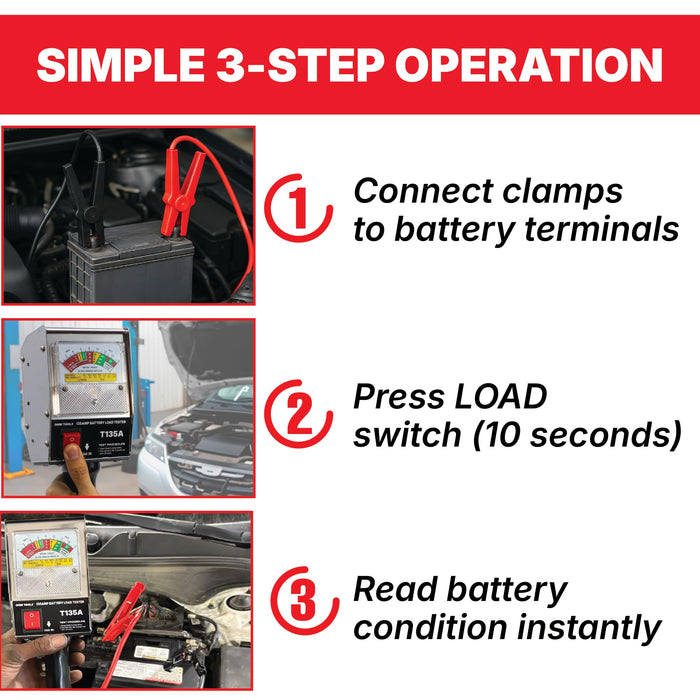 Professional 135 Amp Battery Load Tester, 6V 12V Automotive Charging System Analyzer with Easy-Read Gauge, Copper Jaw Clamps for Car, Motorcycle, Marine Batteries