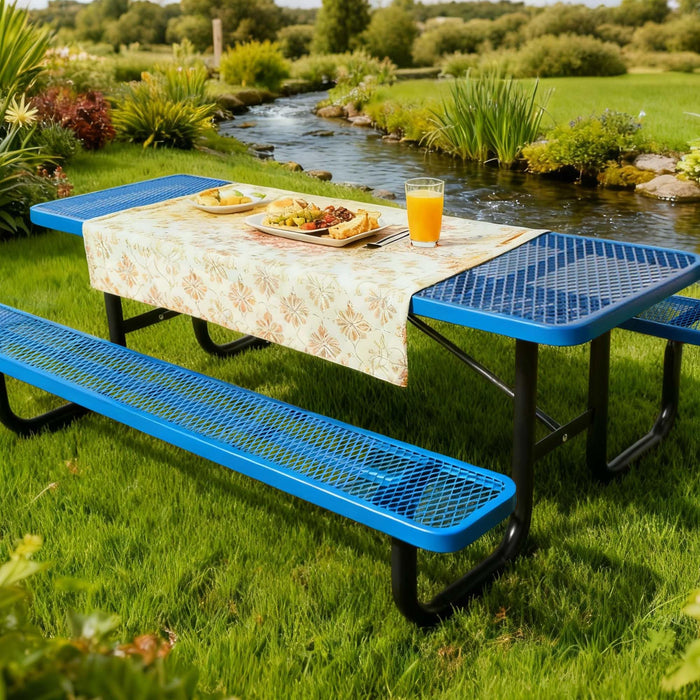 LAUCO Heavy Duty Rectangular Outdoor Picnic Table with Steel Frame, Thermoplastic Coating, Umbrella Hole, Built-in Benches, Seats 8, for Park, Patio, School (Blue, 96 inch) 36056