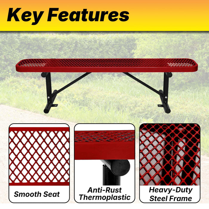 LAUCO Heavy Duty Expanded Metal Mesh Picnic Bench, Industrial Style Outdoor Bench with Steel Frame, 1000 lbs Capacity, Red Thermoplastic Coating