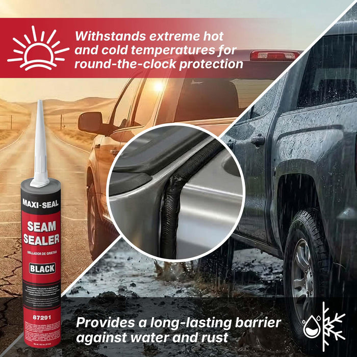 Maxi-Seal Black Polyurethane Seam Sealer (6-Pack, 10.5oz Tube) Durable & Flexible Auto Body Filler for OEM Seams | Brushable for Bare/Painted Surfaces