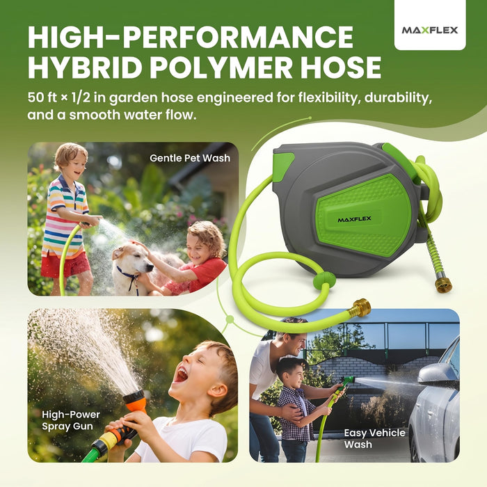 Heavy-Duty 50 ft Retractable Air Compressor/Water Hose Reel | 1/2" Hybrid Polymer 300 PSI Max | Enclosed Steel Case for Commercial & Industrial Use