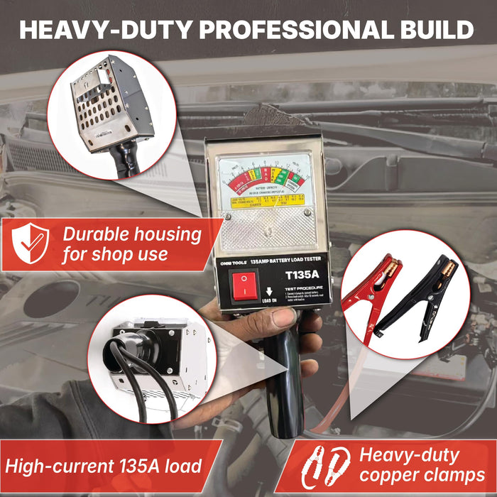 Professional 135 Amp Battery Load Tester, 6V 12V Automotive Charging System Analyzer with Easy-Read Gauge, Copper Jaw Clamps for Car, Motorcycle, Marine Batteries