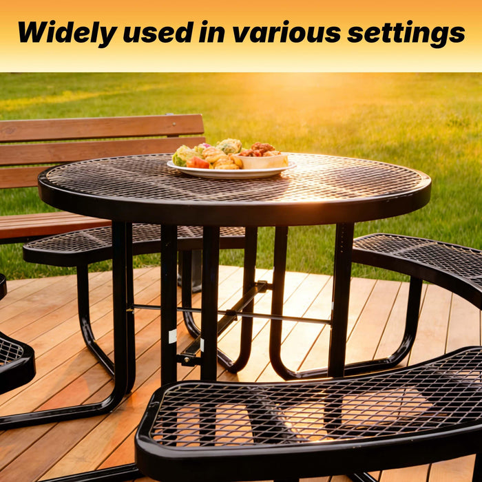 LAUCO 46-Inch Round Metal Picnic Table with Attached Benches, Black Thermoplastic Coated, Expanded Metal Construction, 1000 lb Capacity, Outdoor Use 36035