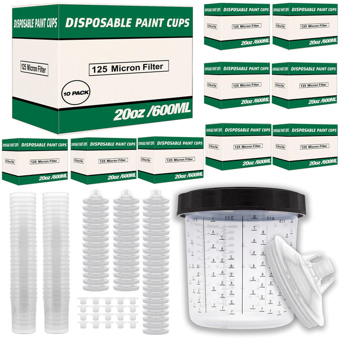 Value Pack 10 Boxes - Disposable Spray Gun Paint Cups Liners and Lid Kit - Each Box Includes: 50 Cup Liners, 50 Lids with 125 Mic, 1 Hard Cup with Retainer Ring and 20 Plugs (10 Boxes of 600ml/20oz)