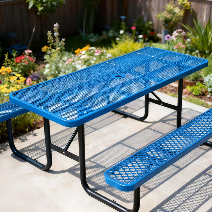 LAUCO Heavy Duty Rectangular Outdoor Picnic Table with Steel Frame, Thermoplastic Coating, Umbrella Hole, Built-in Benches, Seats 8, for Park, Patio, School (Blue, 72 inch) 36052