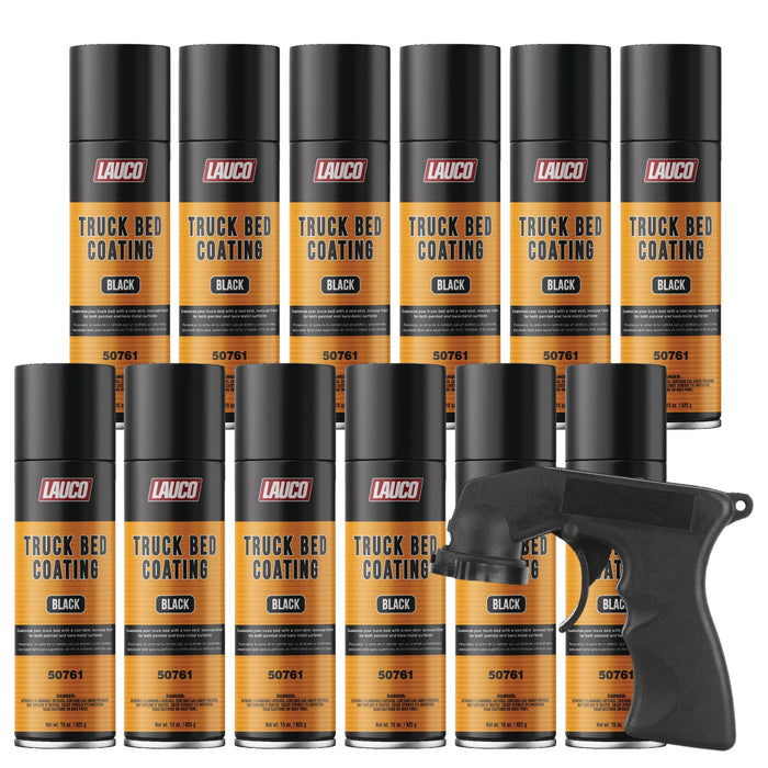 LAUCO Truck Bed Coating Black 15oz Aerosol Spray Can with Aerosol Spray Gun - Pack of 12 - Textured, Suitable For All Truck Beds 50761