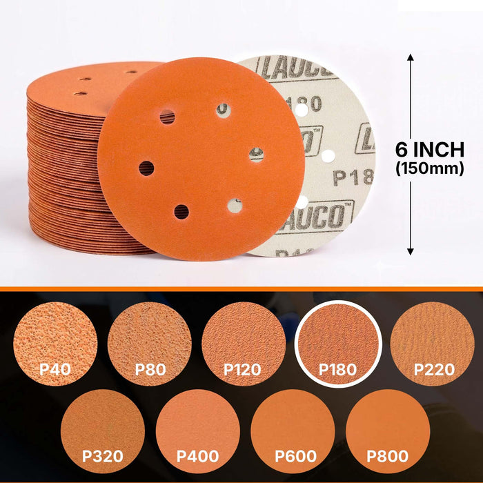 50 PCS 6 Inch 6 Hole Ceramic Sanding Discs P180 Grit, Hook and Loop Orbital Sandpaper, Heavy Duty Sandpaper for Wood, Metal, Automotive, Paint Removal