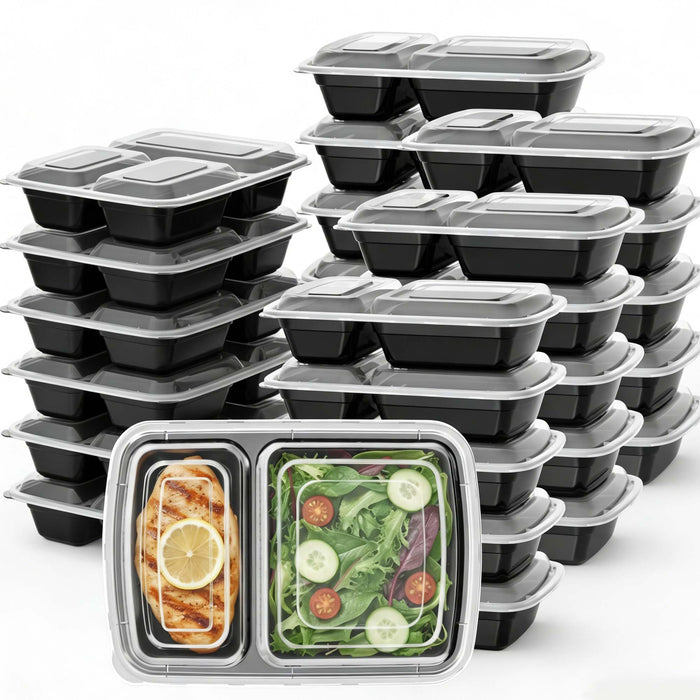 Meal Prep Containers with Lids, Reusable 2-Compartment Food Storage, Sturdy Leakproof, Food Safe, Microwave Freezer Dishwasher Safe, To-Go Takeout Plastic Containers, 50 Pack (100-Piece) – 60828