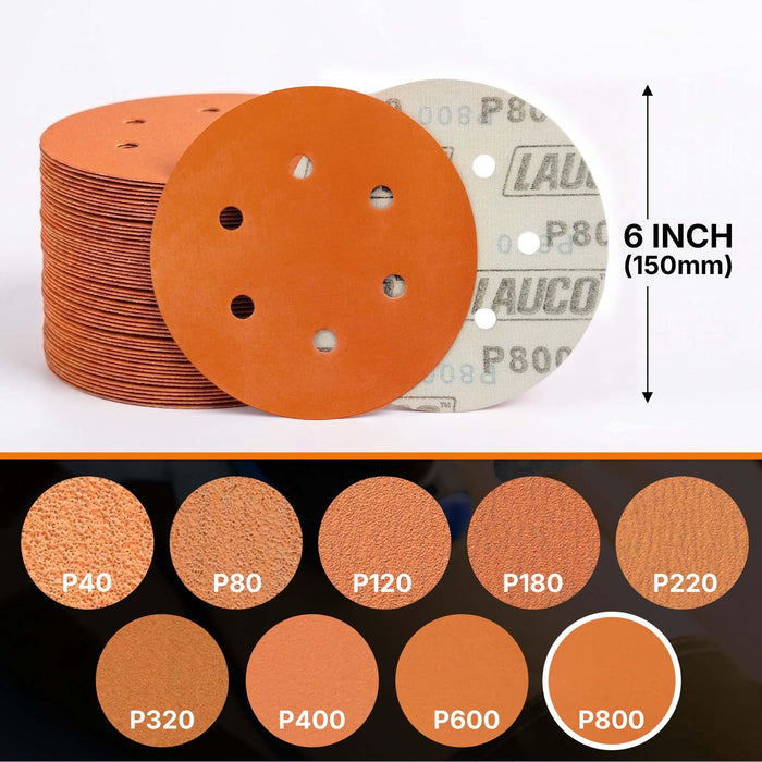50 PCS 6 Inch 6 Hole Ceramic Sanding Discs P800, Hook and Loop Orbital Sandpaper, Heavy Duty Sandpaper for Wood, Metal, Automotive, Paint Removal
