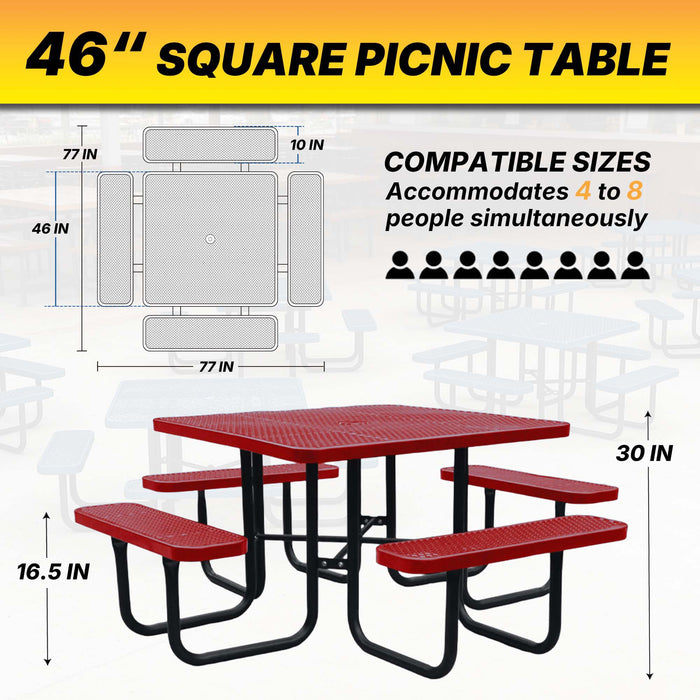 LAUCO Square Picnic Table, Expanded Metal, Red Thermoplastic Coating, Attached Benches, 1-1/2” Umbrella Pole Hole, Outdoor-Rated, 1000 lb Capacity 36078