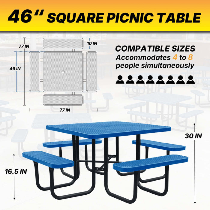 LAUCO Square Picnic Table, Expanded Metal, Blue Thermoplastic Coating, Attached Benches, 1-1/2” Umbrella Pole Hole, Outdoor-Rated, 1000 lb Capacity 36079