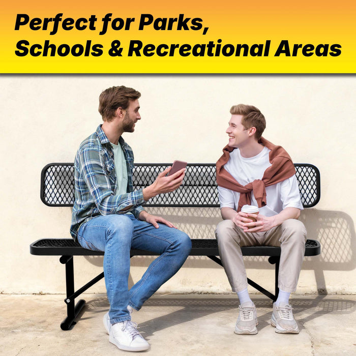 LAUCO Heavy Duty Steel Outdoor Picnic Bench, Black Powder Coated, 72-Inch, Perforated Metal Design with Backrest, 1000 lbs Capacity, Industrial Style