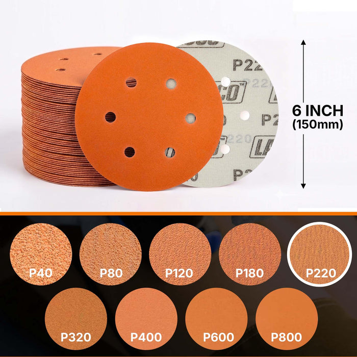 50 PCS 6 Inch 6 Hole Ceramic Sanding Discs P220 Grit, Hook and Loop Orbital Sandpaper, Heavy Duty Sandpaper for Wood, Metal, Automotive, Paint Removal