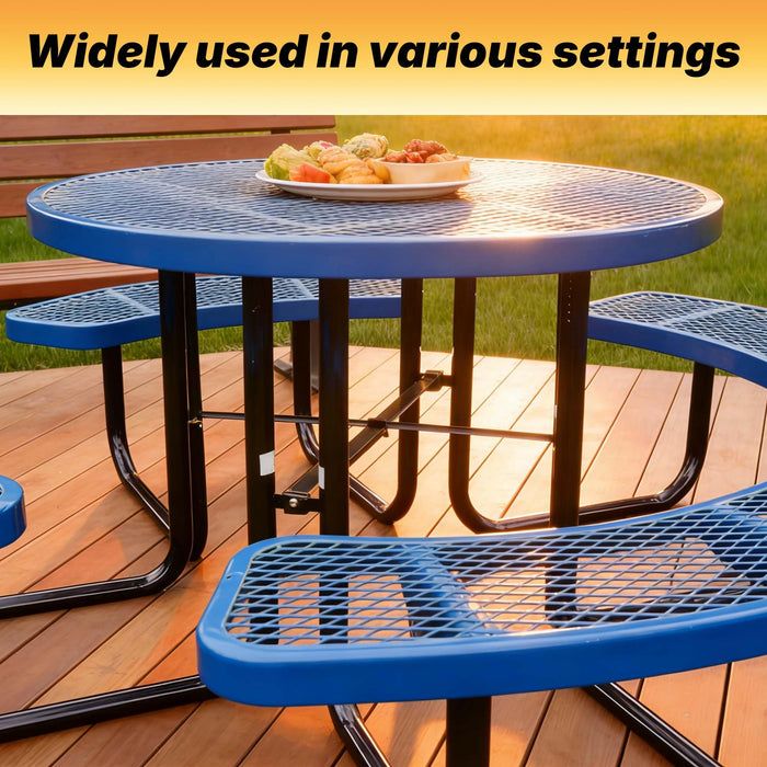 LAUCO 46-Inch Round Metal Picnic Table with Attached Benches, Blue Thermoplastic Coated, Expanded Metal Construction, 1000 lb Capacity, Outdoor Use 36058