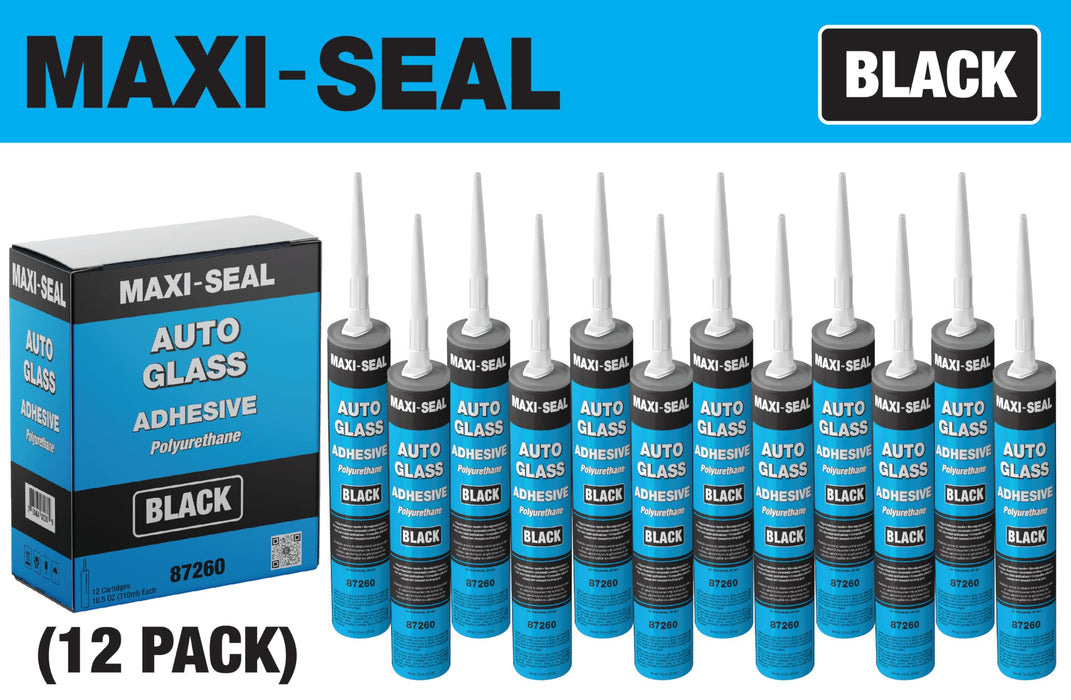 LAUCO Maxi-Seal Black Polyurethane Windshield Adhesive with Fast Curing Non-sag Formula - 10.5oz Tube + ﻿Applicator Tip﻿ - High Bond Strength Window Sealant Compound (12 Pack)