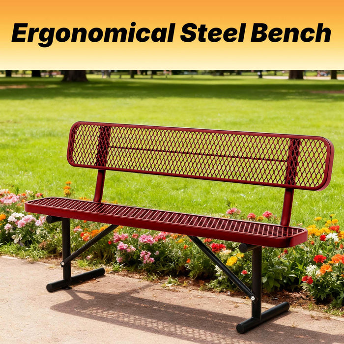 LAUCO Heavy Duty Steel Outdoor Picnic Bench, Red Powder Coated, 72-Inch, Perforated Metal Design with Backrest, 1000 lbs Capacity, Industrial Style