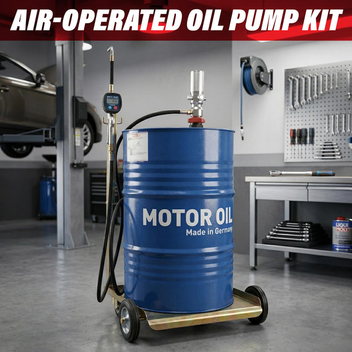 LAUCO 3:1 Air-Operated Oil Pump Kit – Digital Meter Gun, 13ft Hose, Mobile Drum Trolley & Regulator – Complete System for SAE240 Oil Transfer from 55 Gallon Barrels (Not for Gasoline or Diesel)