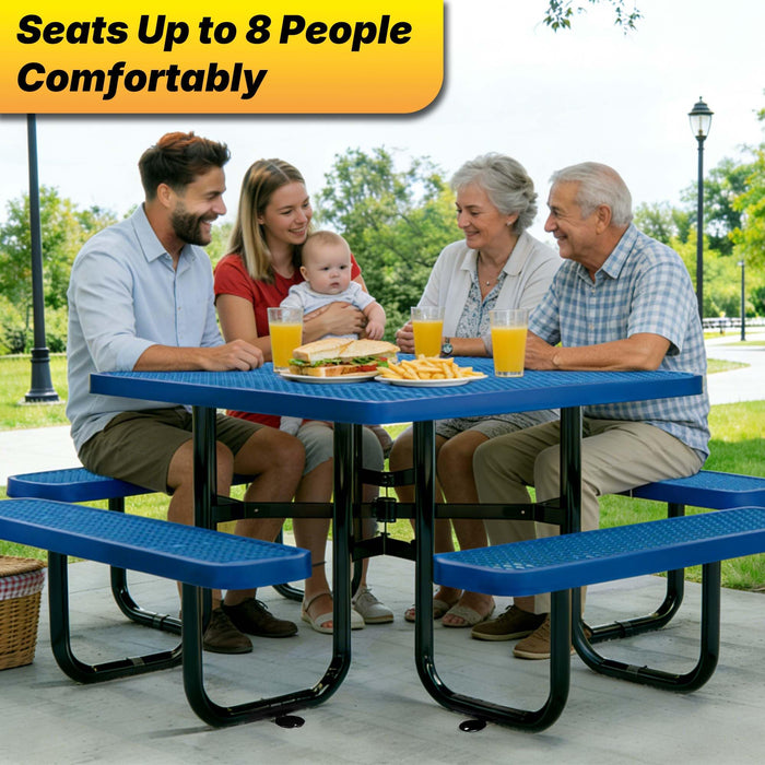 LAUCO Square Picnic Table, Expanded Metal, Blue Thermoplastic Coating, Attached Benches, 1-1/2” Umbrella Pole Hole, Outdoor-Rated, 1000 lb Capacity 36079