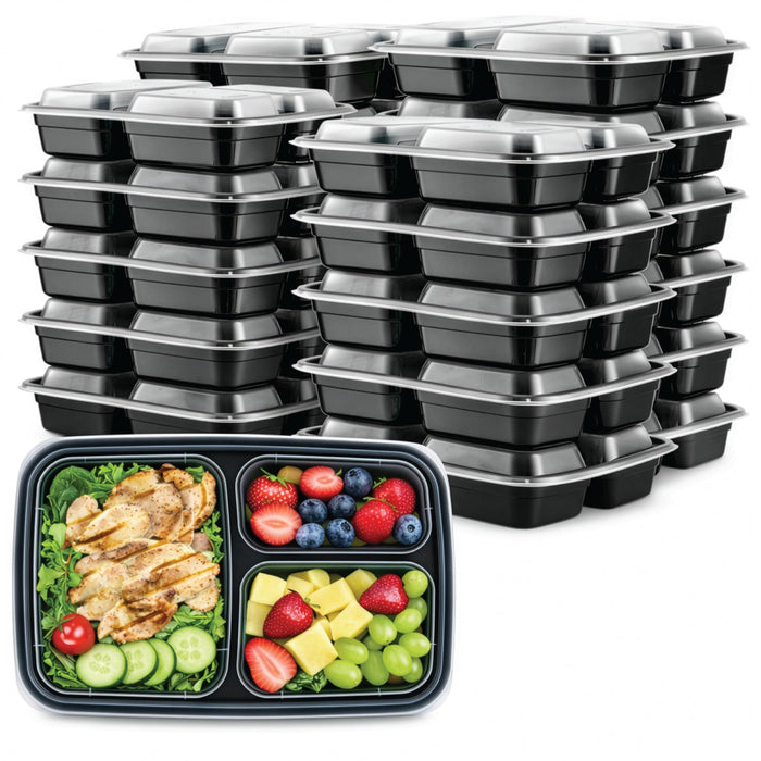 Meal Prep Containers with Lids, Reusable 3-Compartment Food Storage, Sturdy Leakproof & Food Safe, Microwave Freezer Dishwasher Safe, To-Go Takeout Plastic Containers, 50 Pack (100-Piece) – 60827
