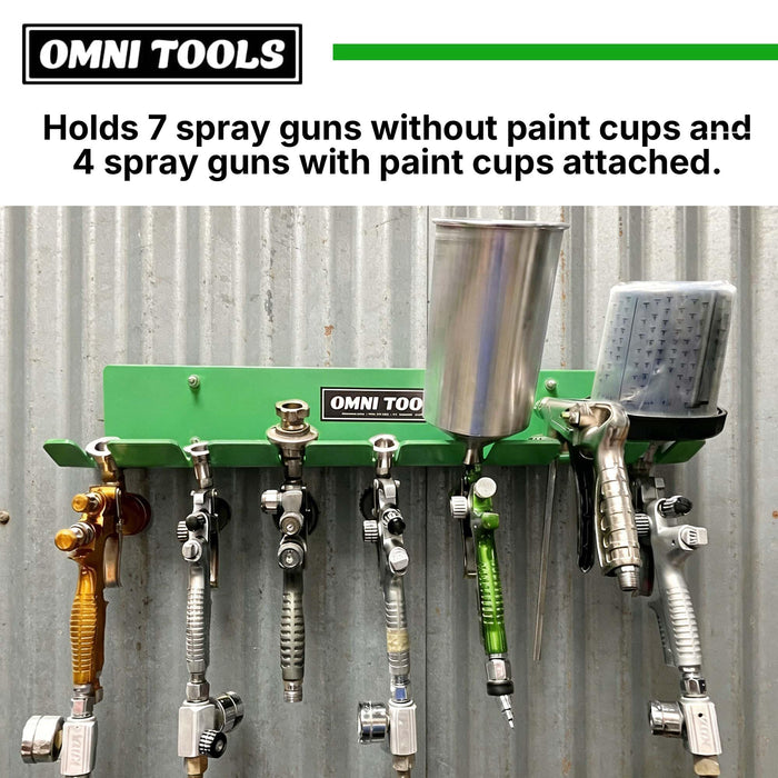 LAUCO Omni Tool Wall Mounted Paint Spray Gun Holder Holds 7 Guns without Cups or 4 with Cups, Heavy Duty Screw Mount Rack, Stable Scratch-Free Design, Green, 1 Pack