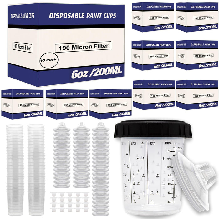 Disposable Paint Spray Gun Cups Liners and Lid System 50 Liners, 50 Lids, 190MIC, 1 Hard Cup with Retainer Ring and 20 Plugs - Compatible w/ Original 1.0 System (not 2.0) (10 Boxes of 200ml / 6oz)