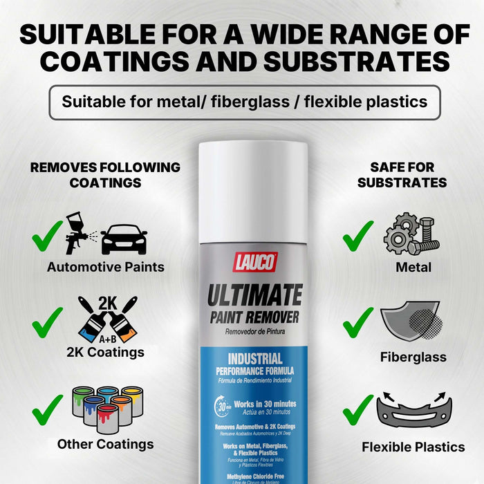LAUCO Ultimate Paint Remover Spray Industrial Strength Fast Acting Paint Stripper Removes Automotive Coatings 2K Finishes Works on Metal Fiberglass and Chloride Free 37528 (6)