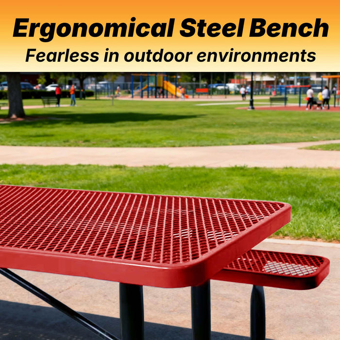 LAUCO Heavy Duty Rectangular Outdoor Picnic Table with Steel Frame, Thermoplastic Coating, Umbrella Hole, Built-in Benches, Seats 8, for Park, Patio, School (Red, 72 inch) 36033