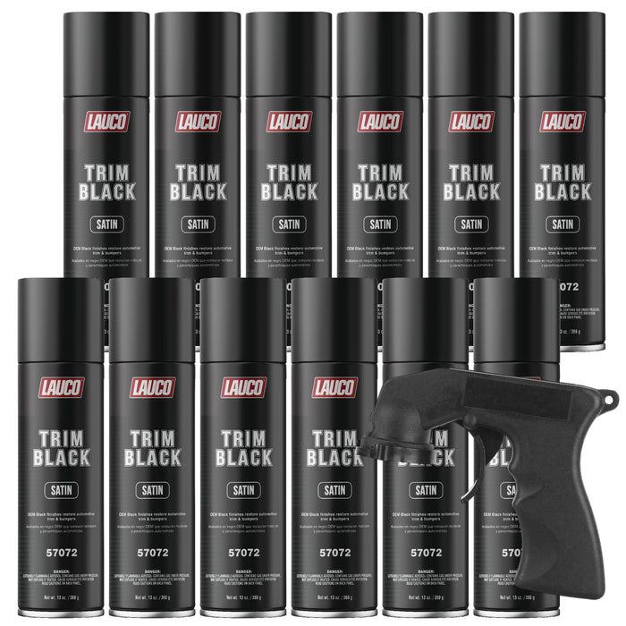LAUCO Trim Black Satin 13 oz. Automotive Spray Paint Can with Gun Pack of 12, Black Car Spray Paint with Satin Finish, Designed for Plastic, Aluminum, Steel and Stainless Steel 57072