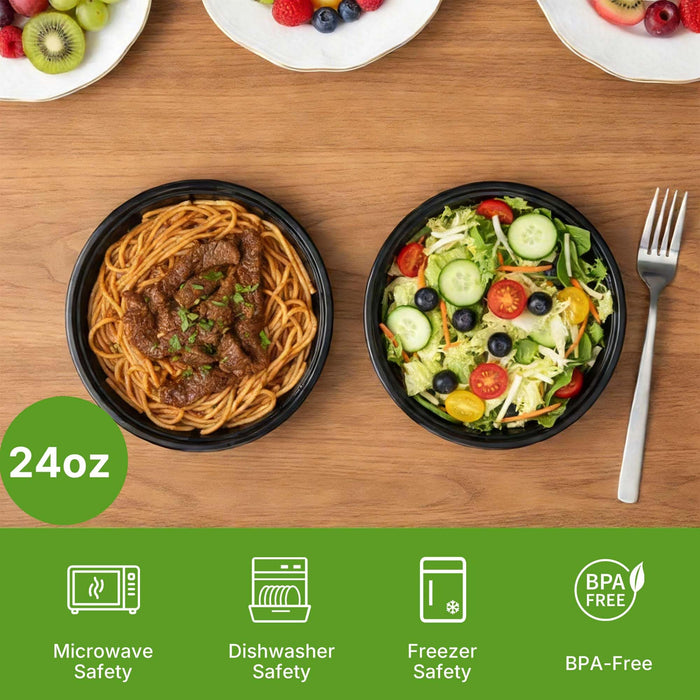 50 Pack (100-Piece) Meal Prep Containers Reusable with Lids, Sturdy Leakproof & Food Safe, Microwave, Freezer, Dishwasher Safe Prep Containers, To Go Take Out Plastic Food Storage (Round 24oz) 60829