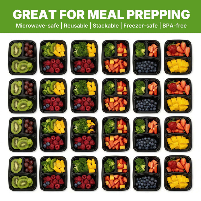 Meal Prep Containers with Lids, Reusable 2-Compartment Food Storage, Sturdy Leakproof, Food Safe, Microwave Freezer Dishwasher Safe, To-Go Takeout Plastic Containers, 50 Pack (100-Piece) – 60828