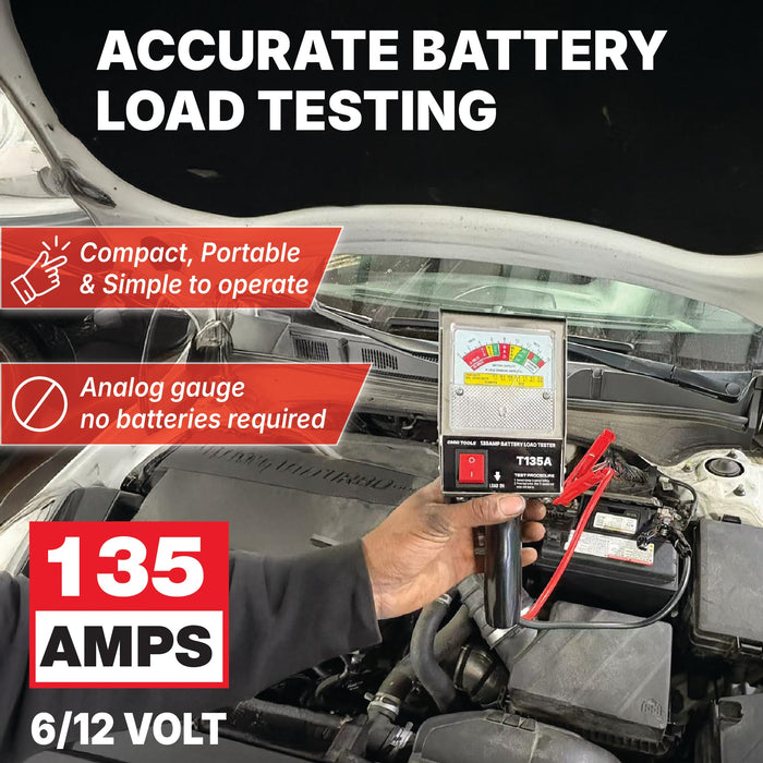Professional 135 Amp Battery Load Tester, 6V 12V Automotive Charging System Analyzer with Easy-Read Gauge, Copper Jaw Clamps for Car, Motorcycle, Marine Batteries