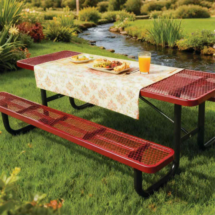 LAUCO Heavy Duty Rectangular Outdoor Picnic Table with Steel Frame, Thermoplastic Coating, Umbrella Hole, Built-in Benches, Seats 8, for Park, Patio, School (Red, 96 inch) 36032